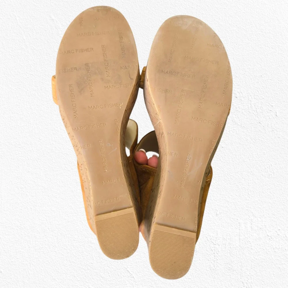 Marc Fisher Shelbee Tan Tawny Suede Slip On Cork Wedge Platform Sandals Size 7.5